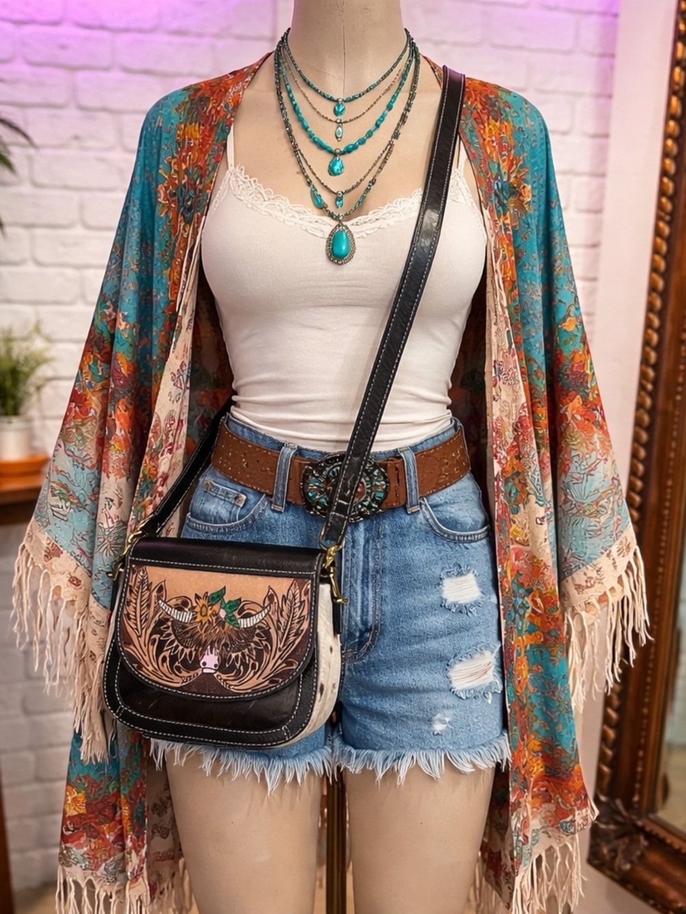 Myra Bag Tooled Leather Cowhide Crossbody Western Floral Purse Boho Cowgirl - Picture 2 of 11